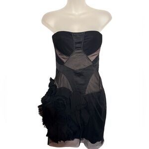 BCBG Max Azria Runway Black Strapless Mesh Corset Dress 3D Floral Size 8 Rare